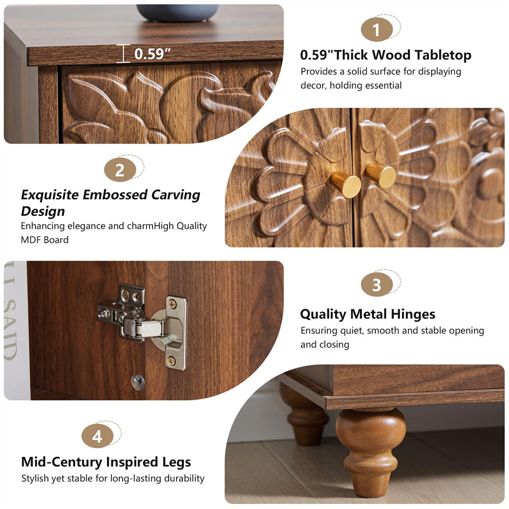 Wooden table with detailed carvings, metal hinges, and mid-century inspired legs, shown with close-up details.