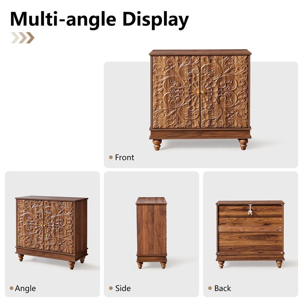 Wooden chest with intricate carvings displayed from multiple angles on a white background.