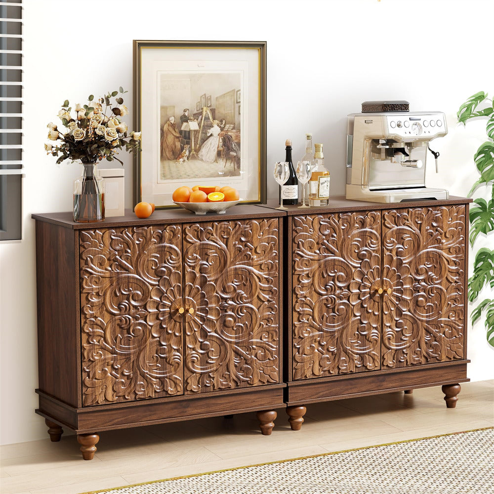 Decorative wooden sideboard with intricate carvings in a room setting.