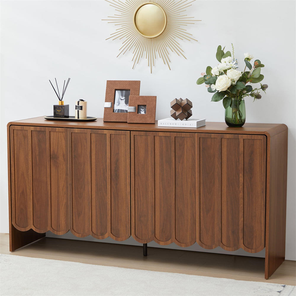 Walnut Farmhouse Wood Storage Cabinet Sideboard with Adjustable Shelves and 4 Doors