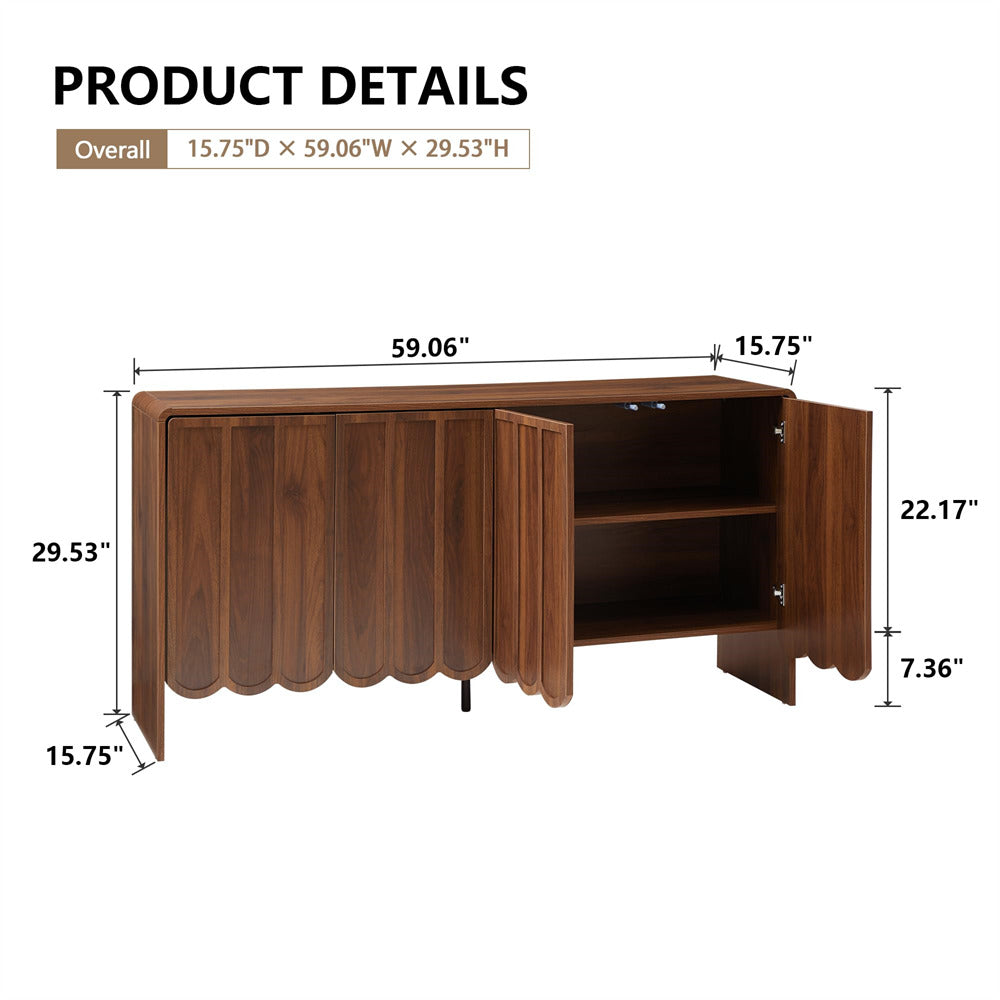 Walnut Farmhouse Wood Storage Cabinet Sideboard with Adjustable Shelves and 4 Doors
