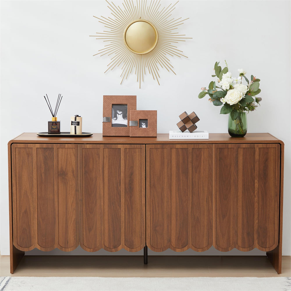 Walnut Farmhouse Wood Storage Cabinet Sideboard with Adjustable Shelves and 4 Doors