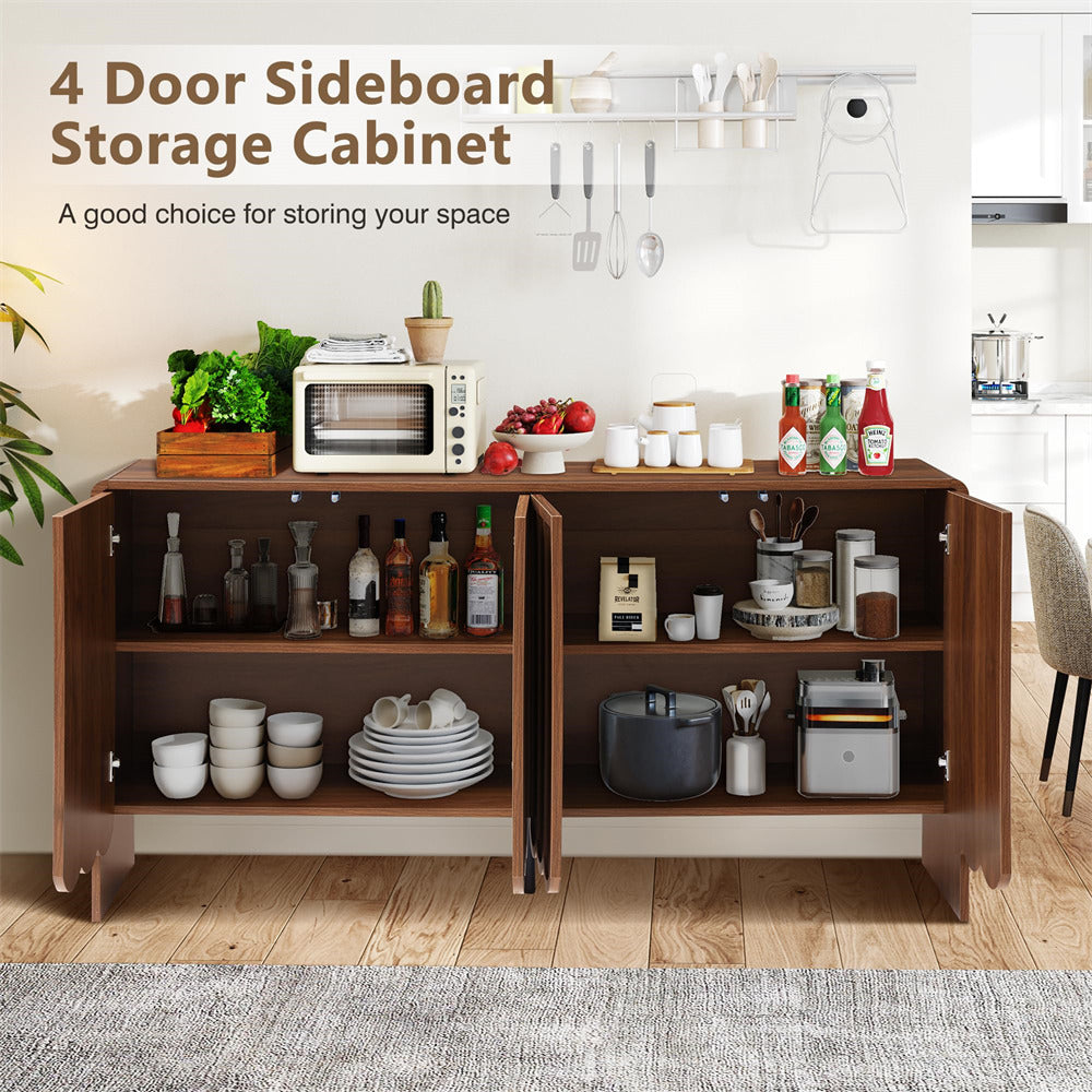 Walnut Farmhouse Wood Storage Cabinet Sideboard with Adjustable Shelves and 4 Doors