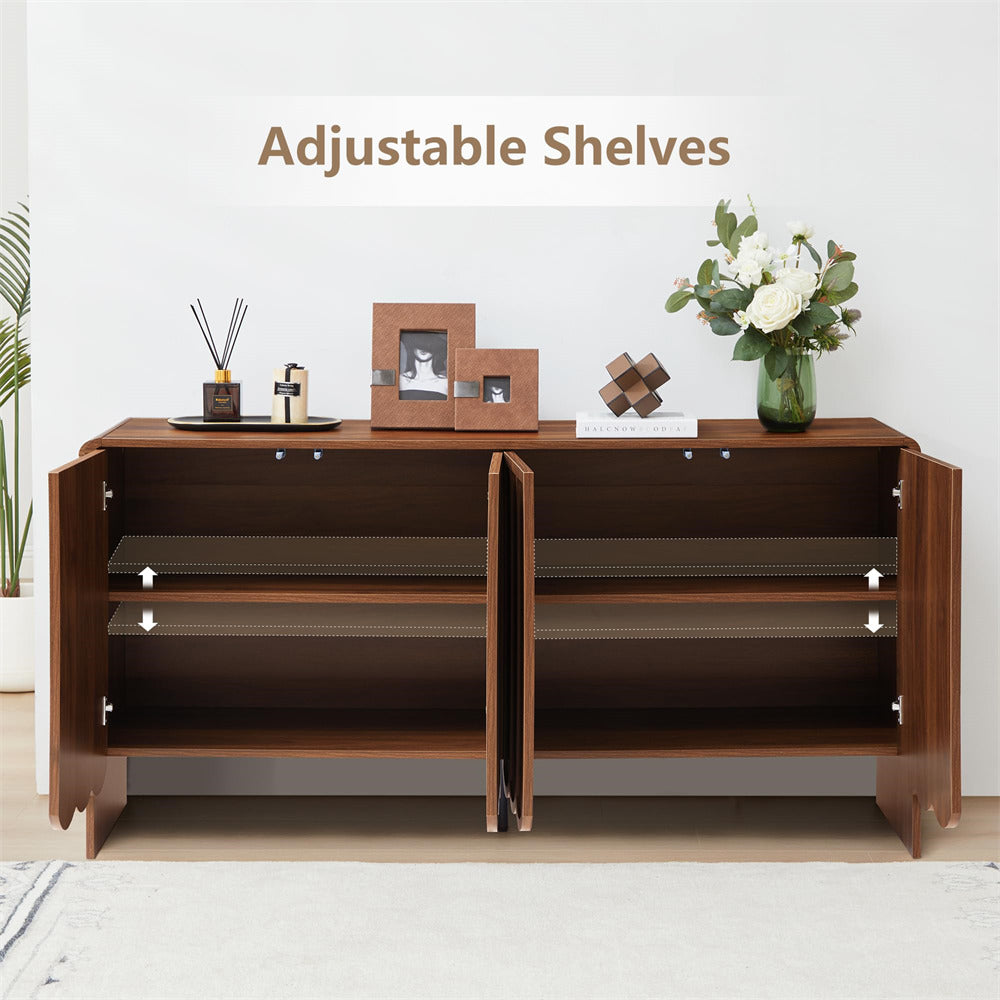 Walnut Farmhouse Wood Storage Cabinet Sideboard with Adjustable Shelves and 4 Doors