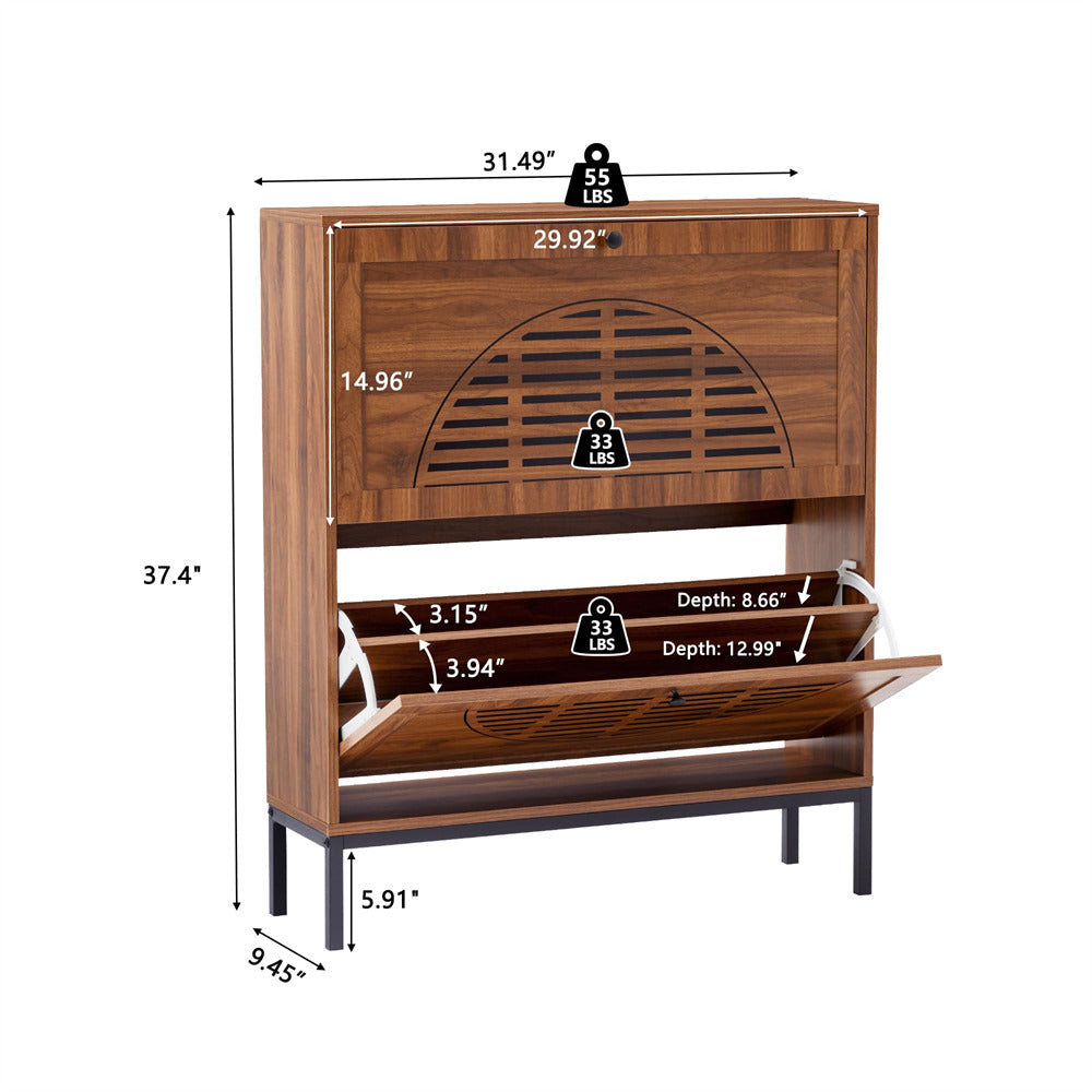 Walnut Farmhouse Wooden Shoe Cabinet with Metal Legs and 2 Flip Drawers