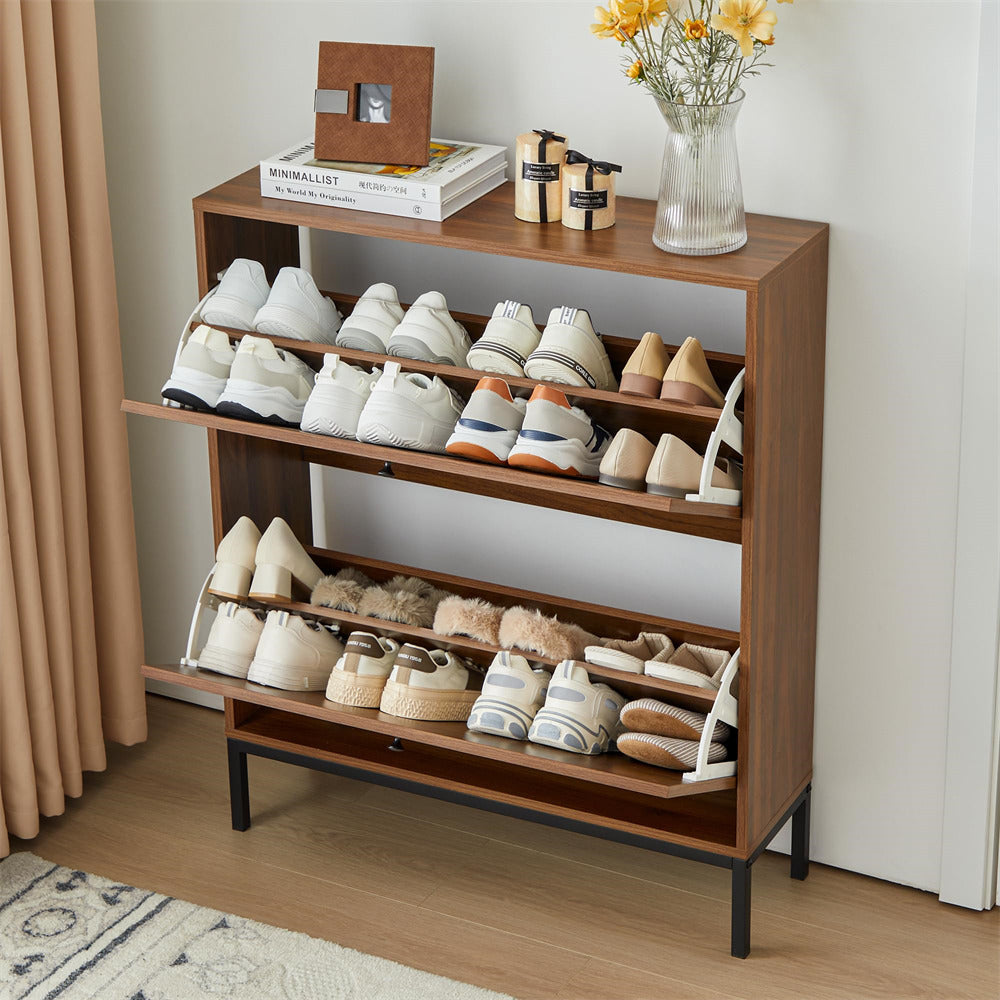 Walnut Farmhouse Wooden Shoe Cabinet with Metal Legs and 2 Flip Drawers