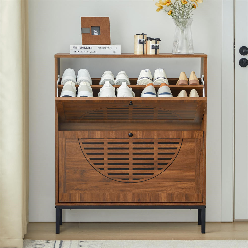 Walnut Farmhouse Wooden Shoe Cabinet with Metal Legs and 2 Flip Drawers