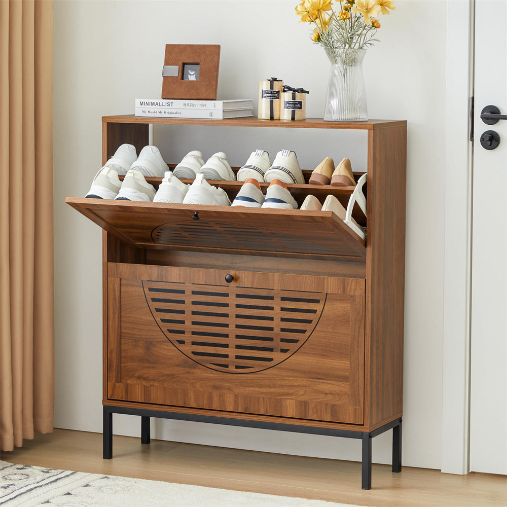 Walnut Farmhouse Wooden Shoe Cabinet with Metal Legs and 2 Flip Drawers