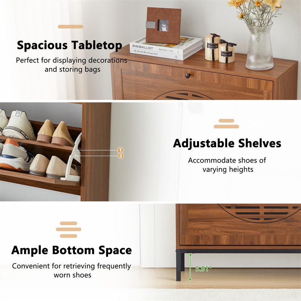Walnut Farmhouse Wooden Shoe Cabinet with Metal Legs and 2 Flip Drawers