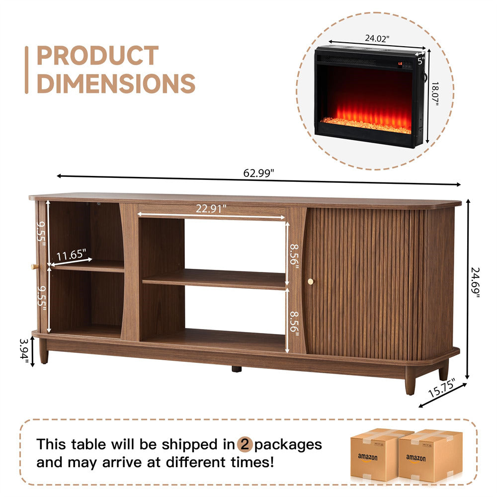 Wooden TV stand with dimensions and inset of an electric fireplace.