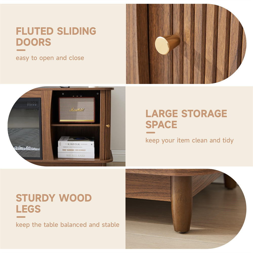 Wooden table with fluted sliding doors, large storage space, and sturdy wood legs on a beige background.