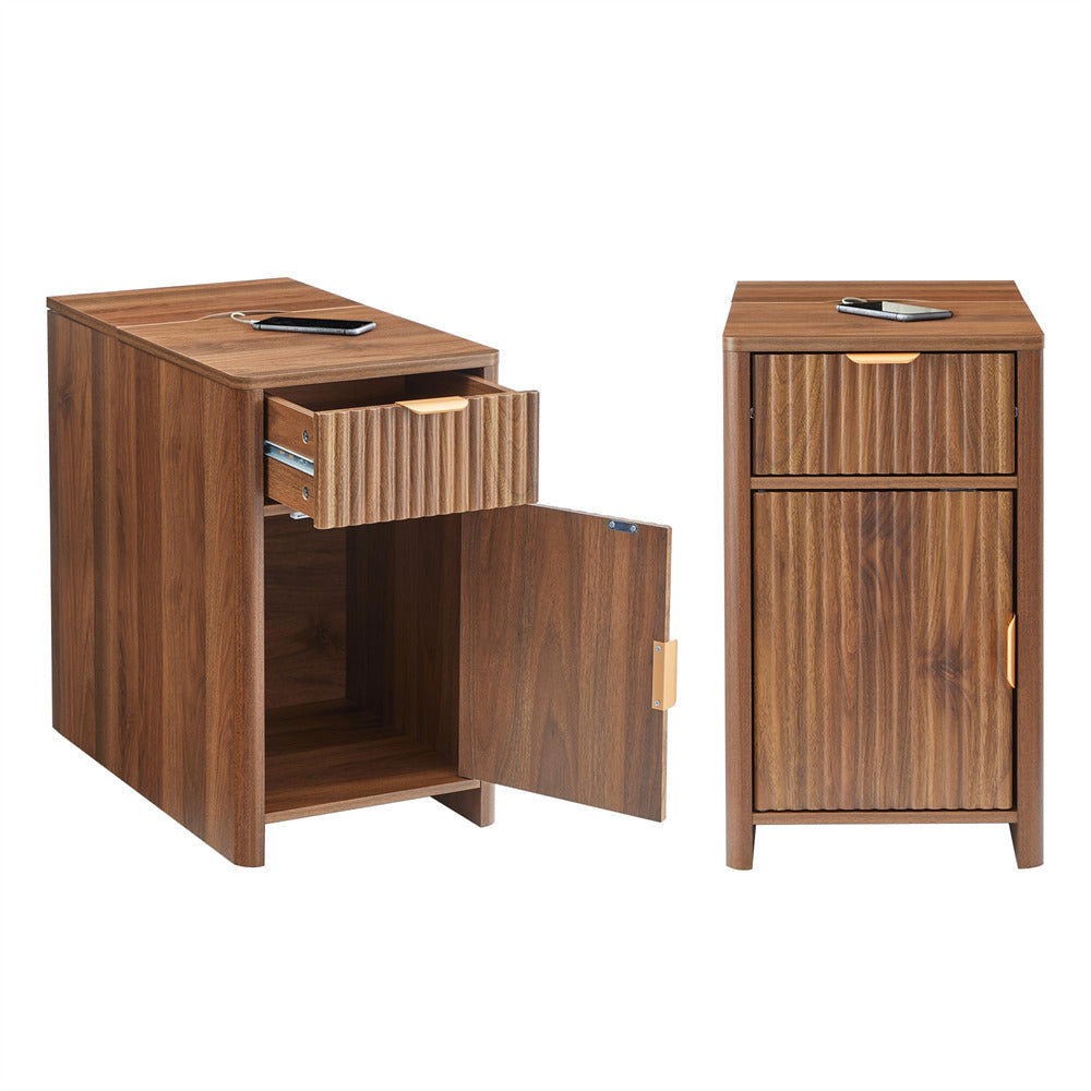 Walnut Fluted Small Night Stand Narrow End Table with Charging Station and USB Ports