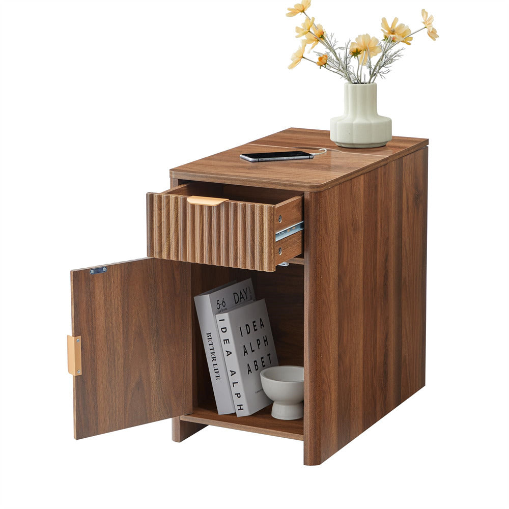 Walnut Fluted Small Night Stand Narrow End Table with Charging Station and USB Ports