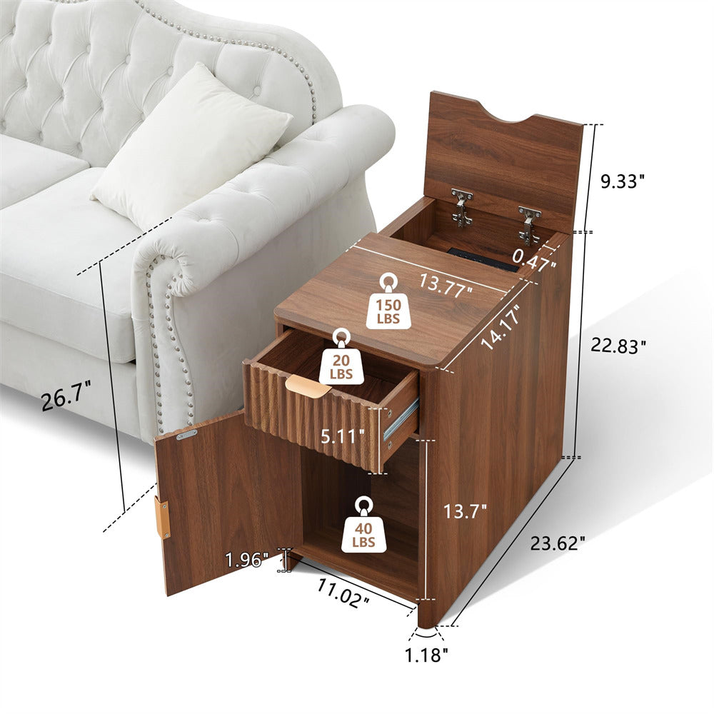 Walnut Fluted Small Night Stand Narrow End Table with Charging Station and USB Ports