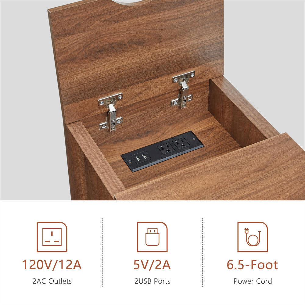 Walnut Fluted Small Night Stand Narrow End Table with Charging Station and USB Ports