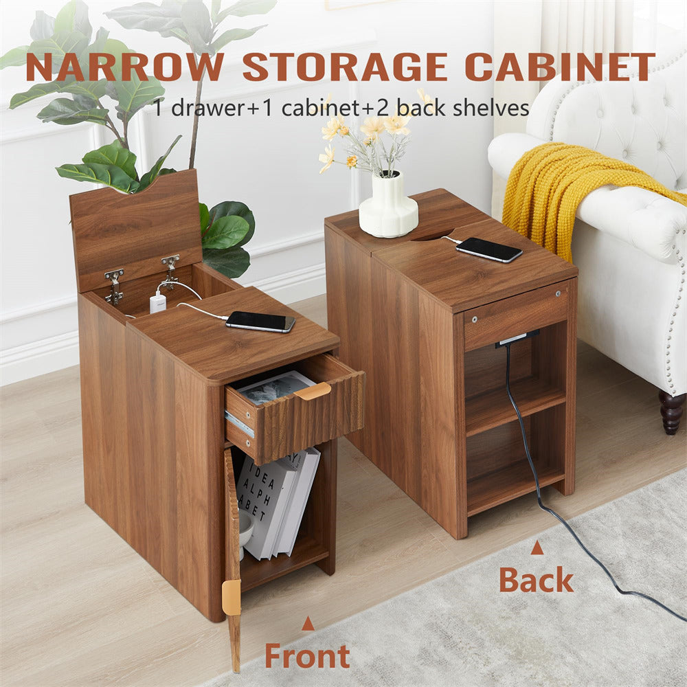 Walnut Fluted Small Night Stand Narrow End Table with Charging Station and USB Ports