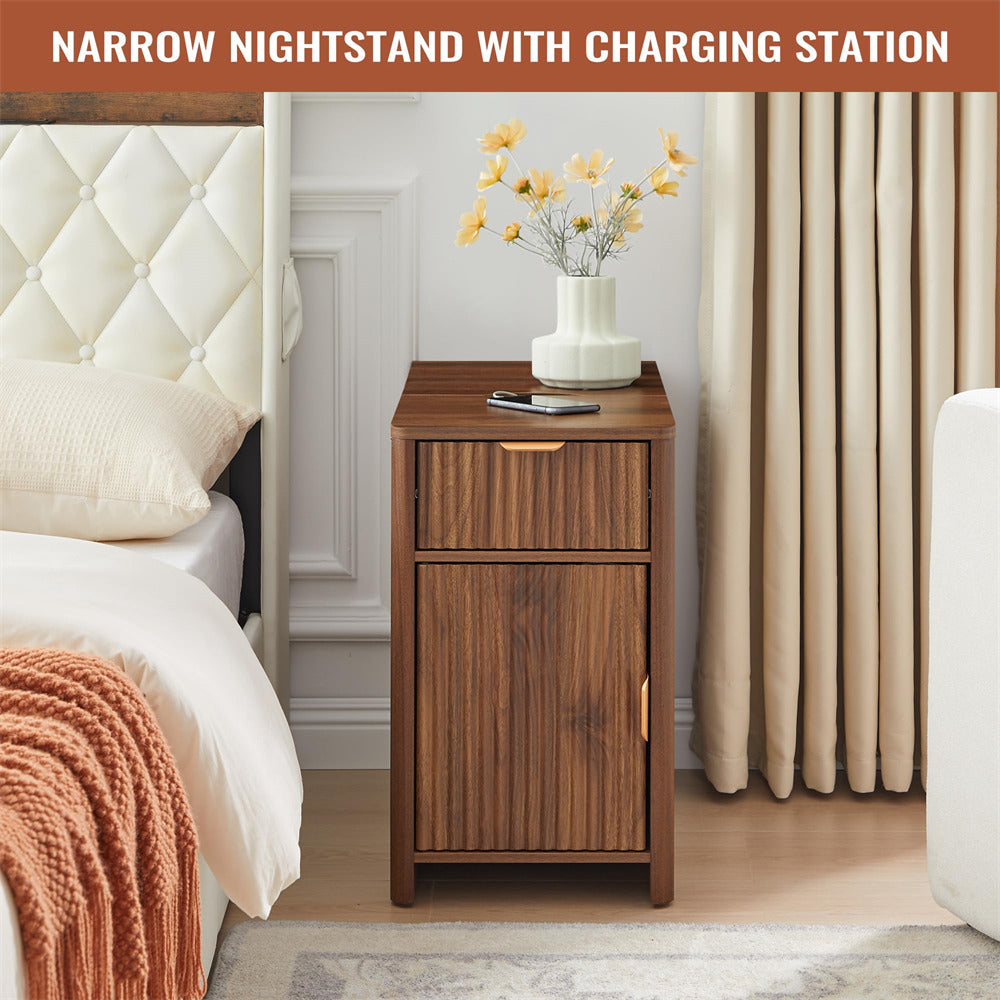 Walnut Fluted Small Night Stand Narrow End Table with Charging Station and USB Ports
