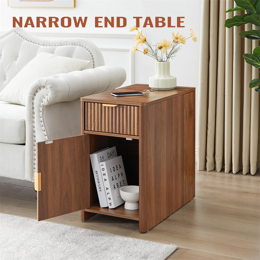 Walnut Fluted Small Night Stand Narrow End Table with Charging Station and USB Ports