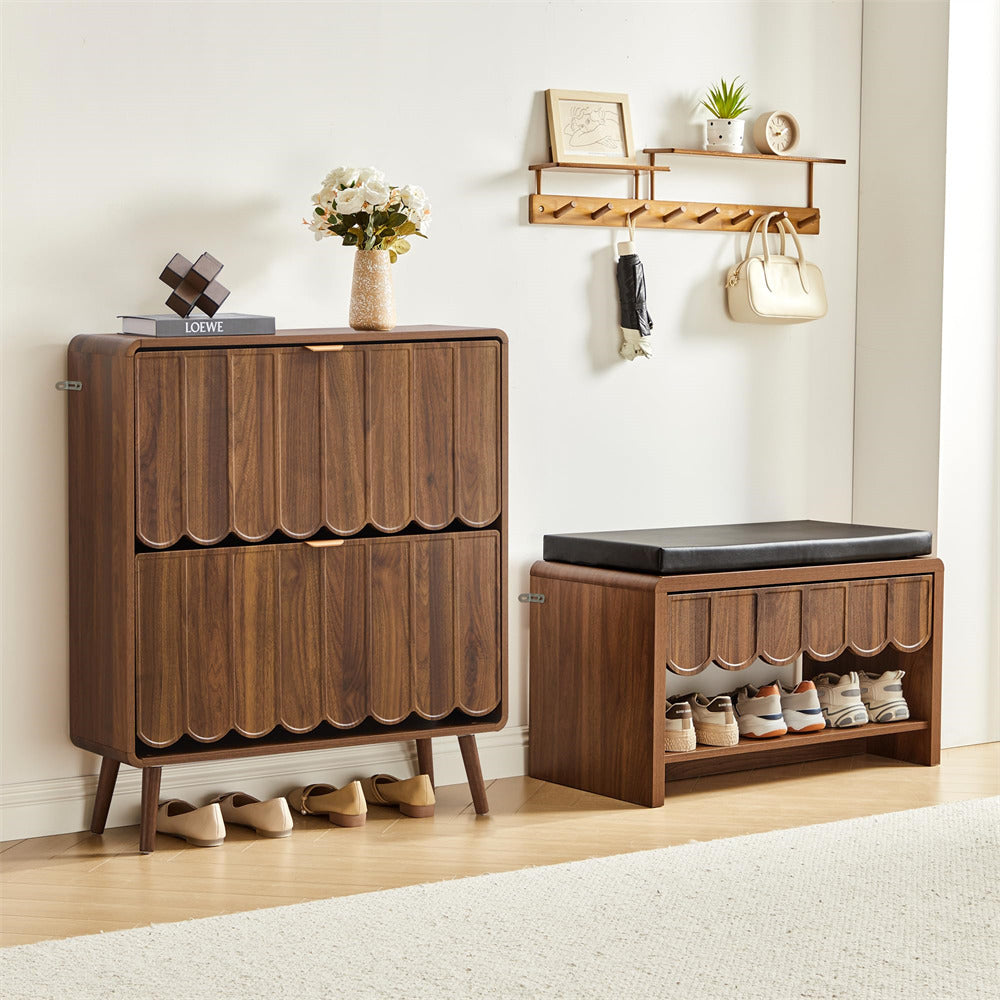 Wooden shoe cabinet with bench and shoe storage in a room setting.