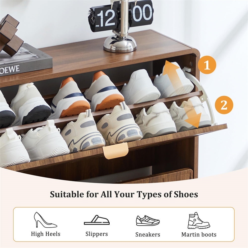 Wooden shoe rack with various shoes on a white background