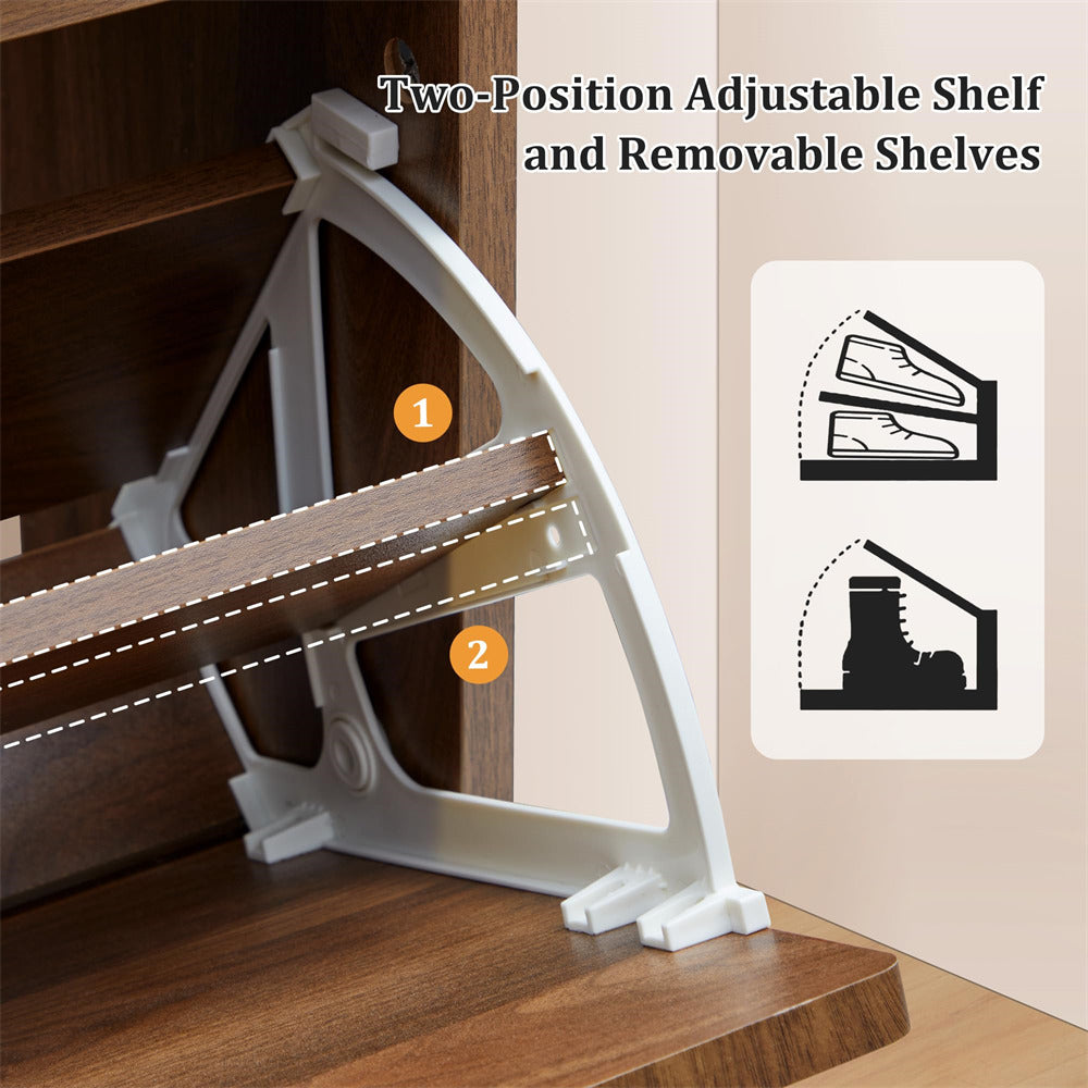 Two-position adjustable shelf with removable shelves on a wooden surface, with text and icons indicating features.