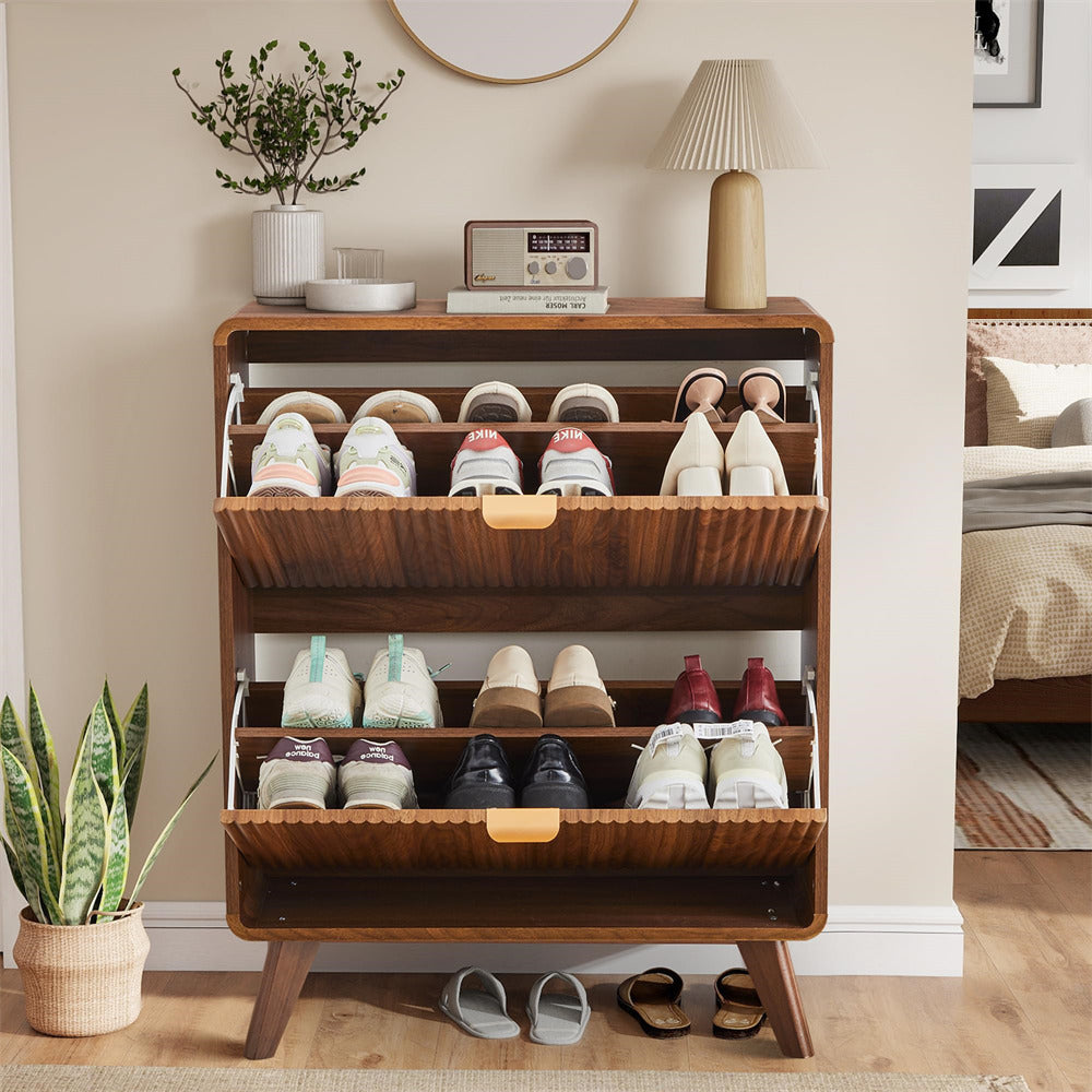 Wooden shoe rack with shoes in a room setting