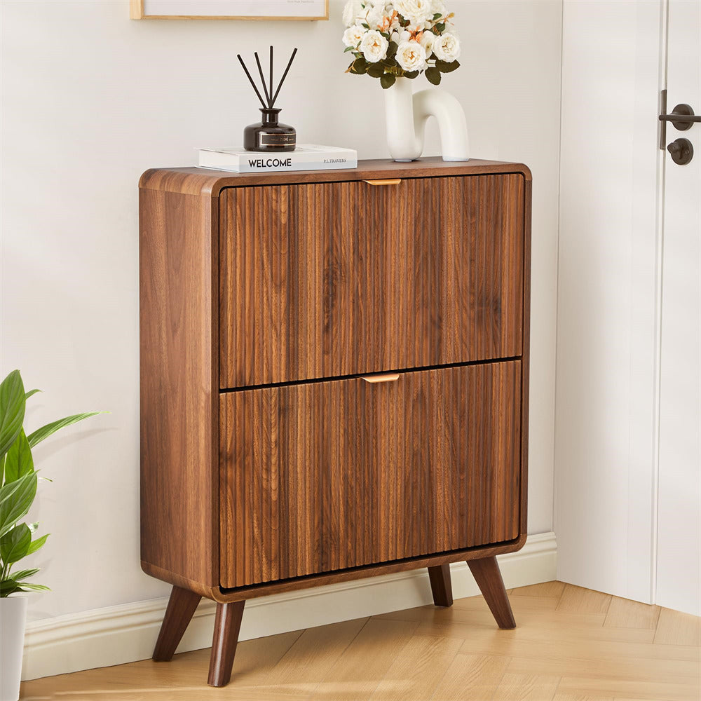 Walnut Freestanding Wood Fluted Shoe Cabinet for Entryway with 2 Flip Drawers and Curved Profile