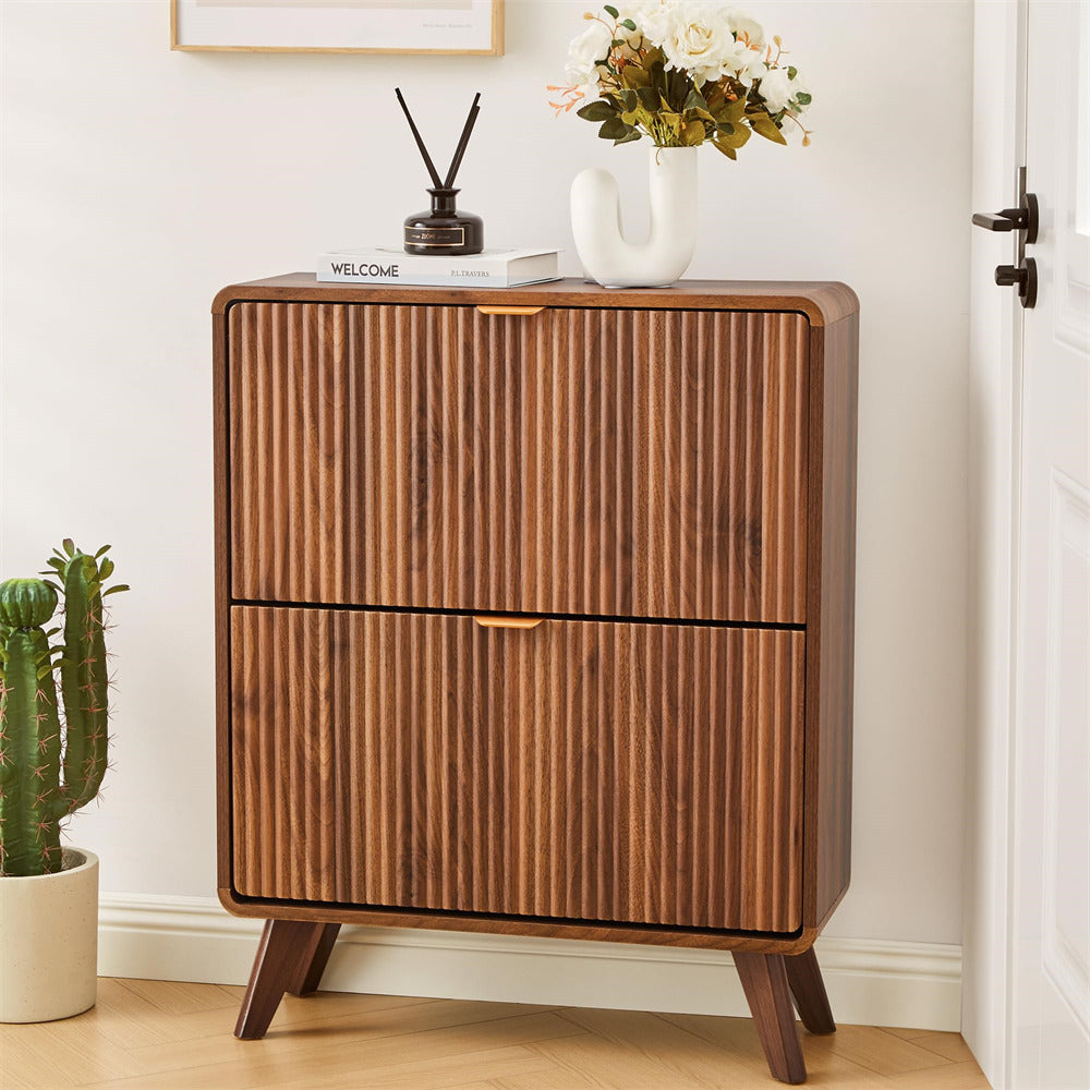 Walnut Freestanding Wood Fluted Shoe Cabinet for Entryway with 2 Flip Drawers and Curved Profile
