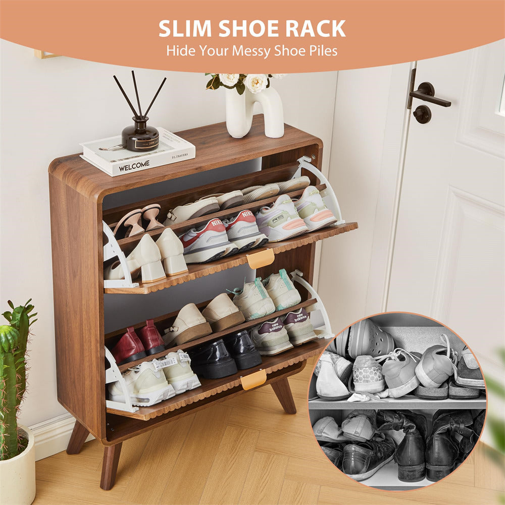 Wooden slim shoe rack with shoes on a wooden floor, with an inset showing a close-up of the shoe rack.