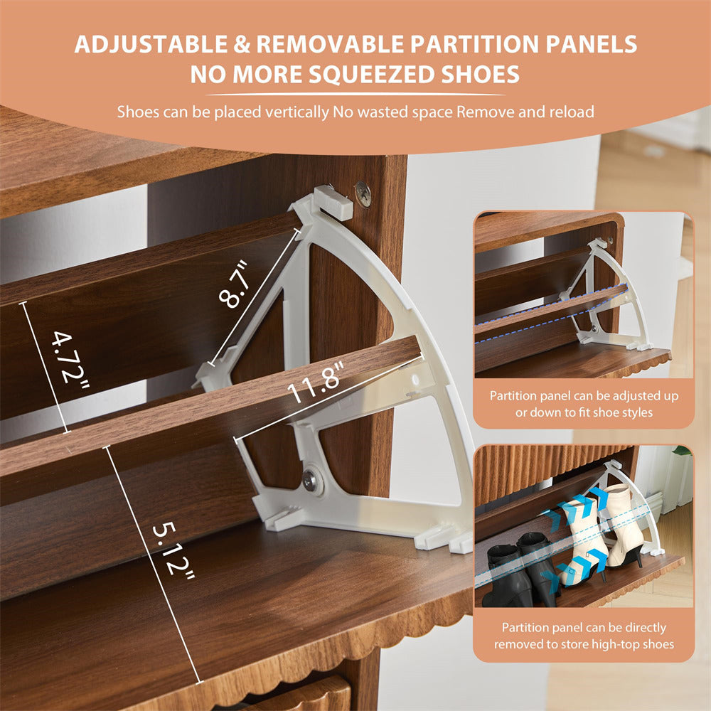 Wooden shoe rack with adjustable partition panels and measurements, showing how to store shoes vertically.