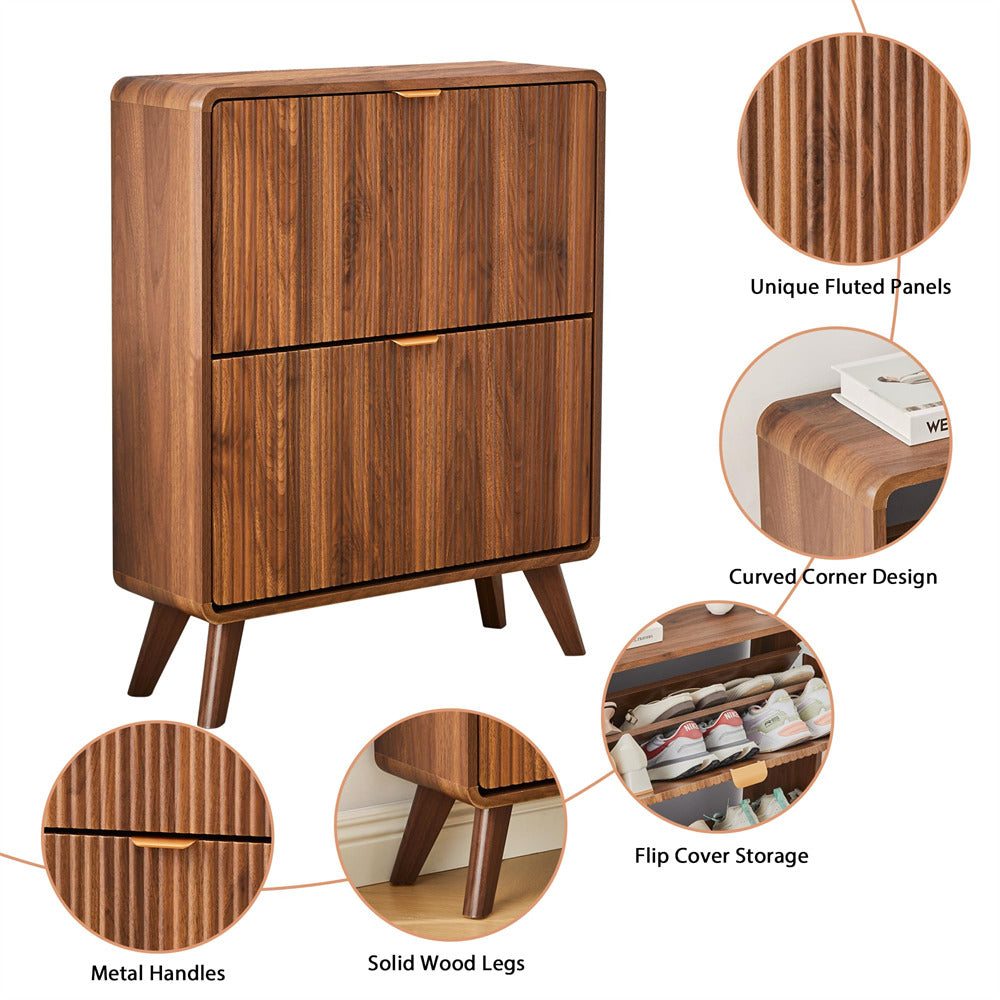 Walnut Freestanding Wood Fluted Shoe Cabinet for Entryway with 2 Flip Drawers and Curved Profile