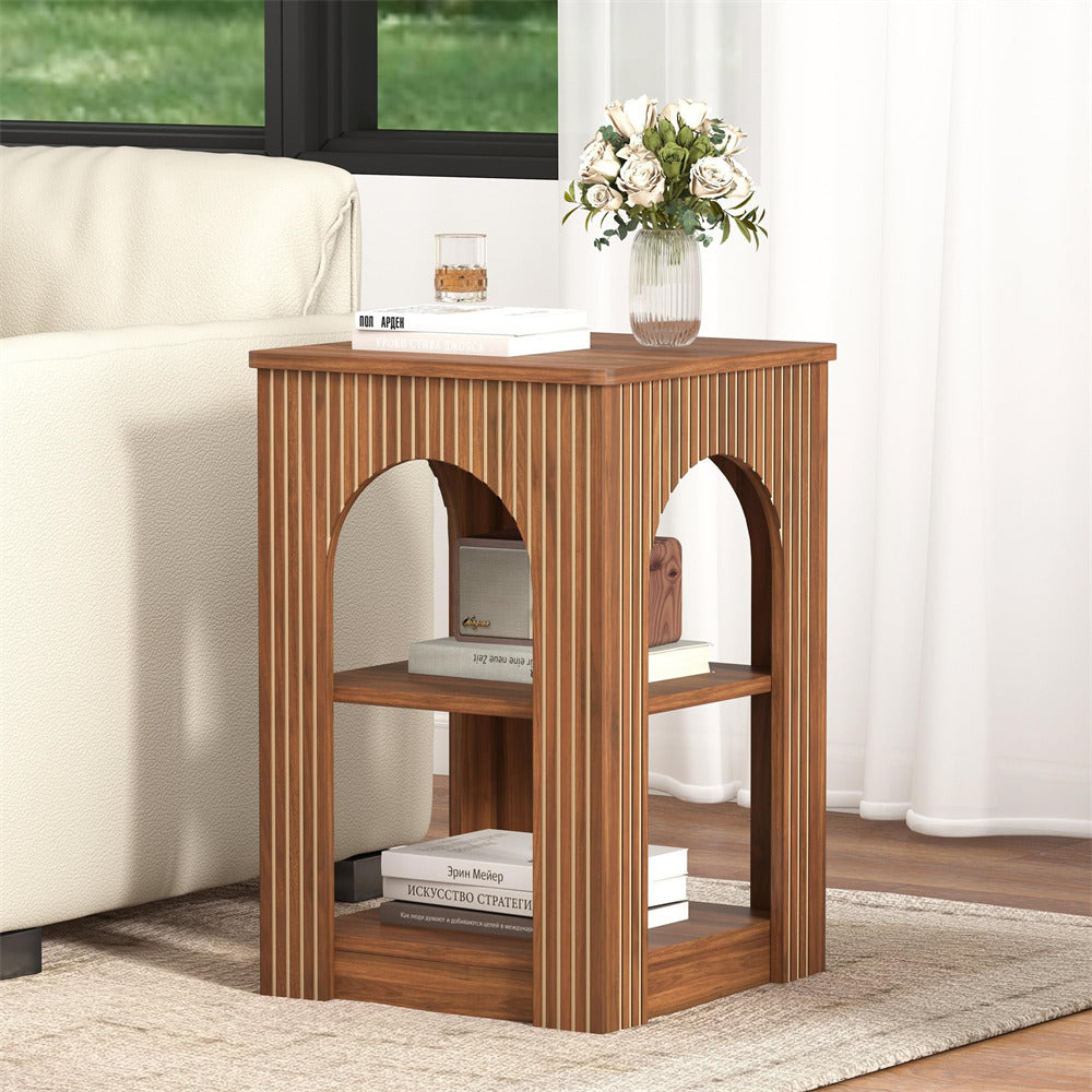 Wooden side table with shelves in a living room setting