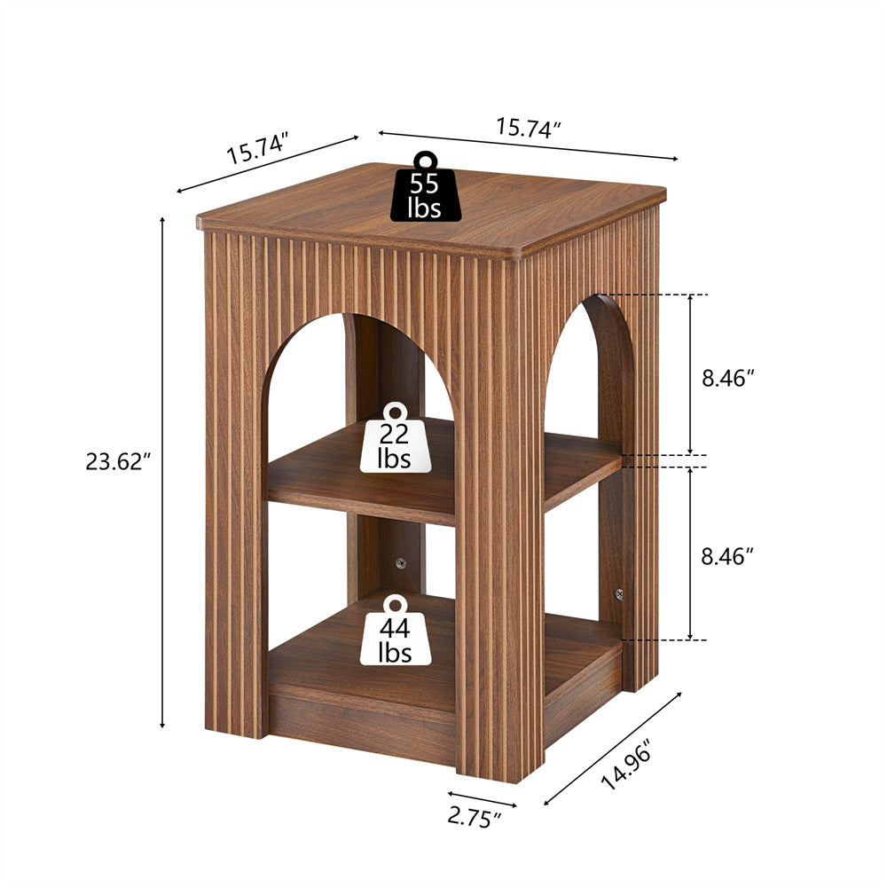 Walnut Mid-Century Modern 3-Tier Storage Side Table with Arched Carving Lines