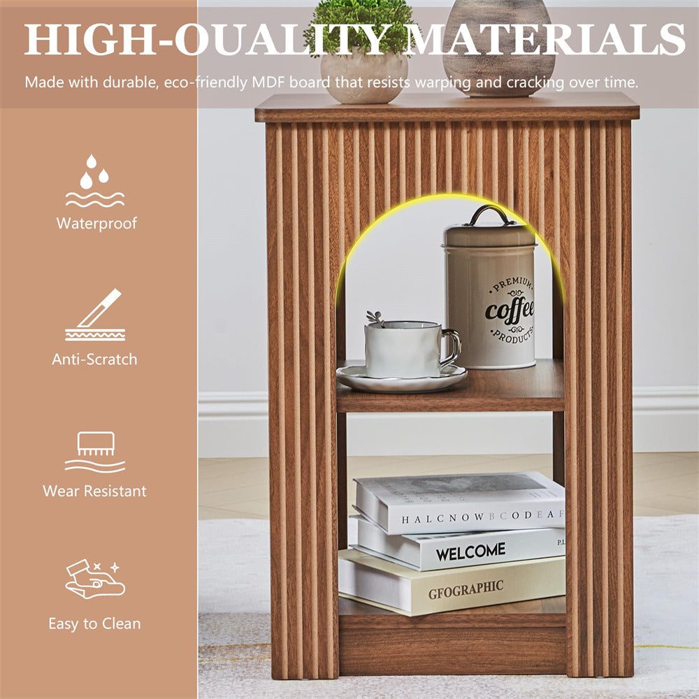 Wooden shelf with books and a coffee canister, featuring high-quality materials text and icons.