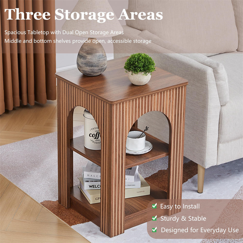 Wooden side table with storage shelves in a living room setting