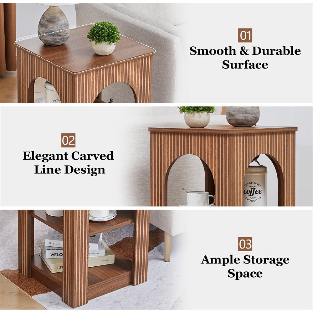 Wooden side table with smooth surface, carved line design, and ample storage space.