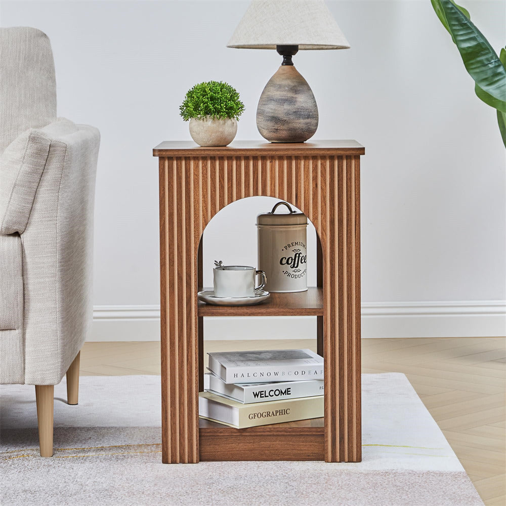 Wooden side table with decorative items in a living room setting