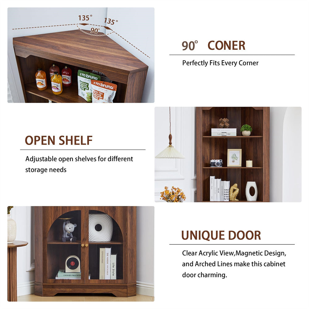 Wooden corner cabinet with open shelves and a unique door design, featuring measurements and storage options.