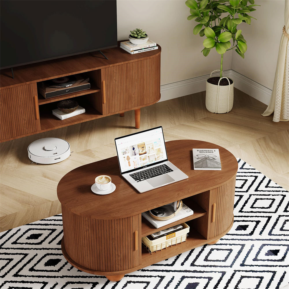 Walnut Mid-Century Modern Oval Fluted Coffee Table with Storage & Sliding Doors