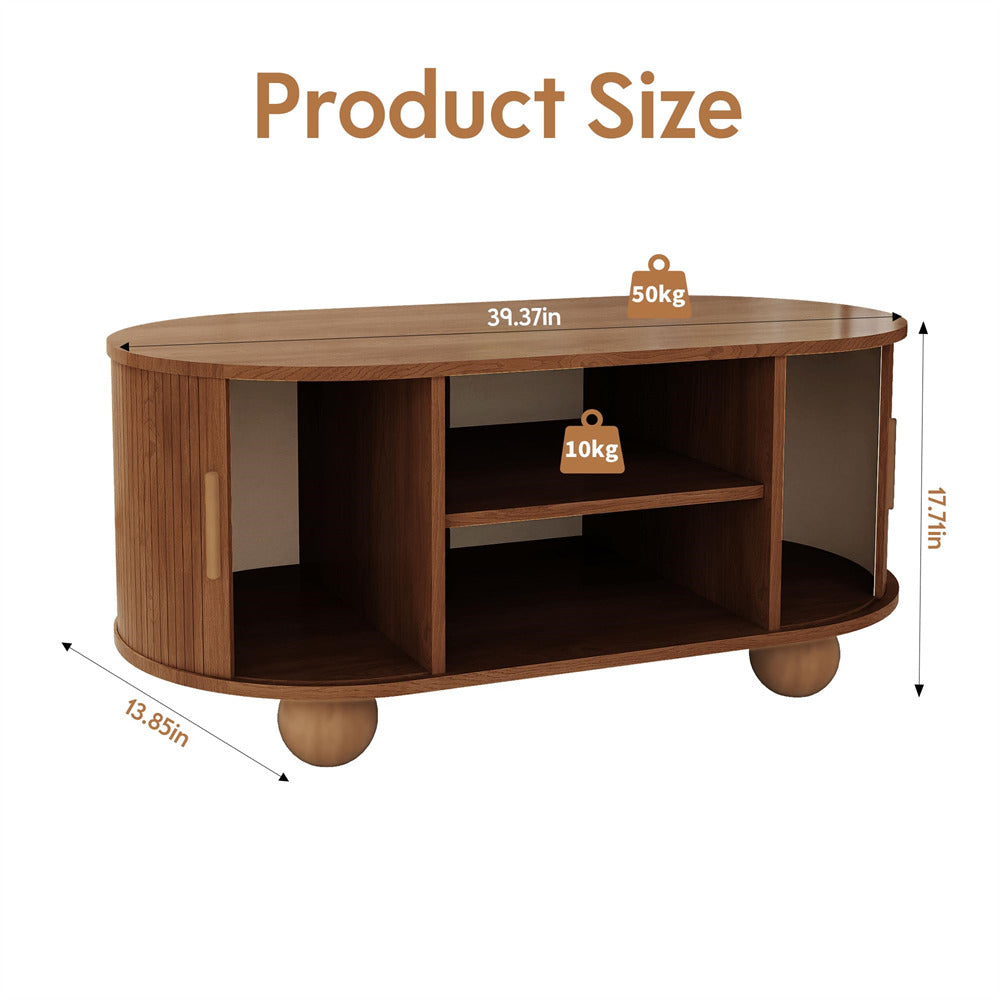 Walnut Mid-Century Modern Oval Fluted Coffee Table with Storage & Sliding Doors