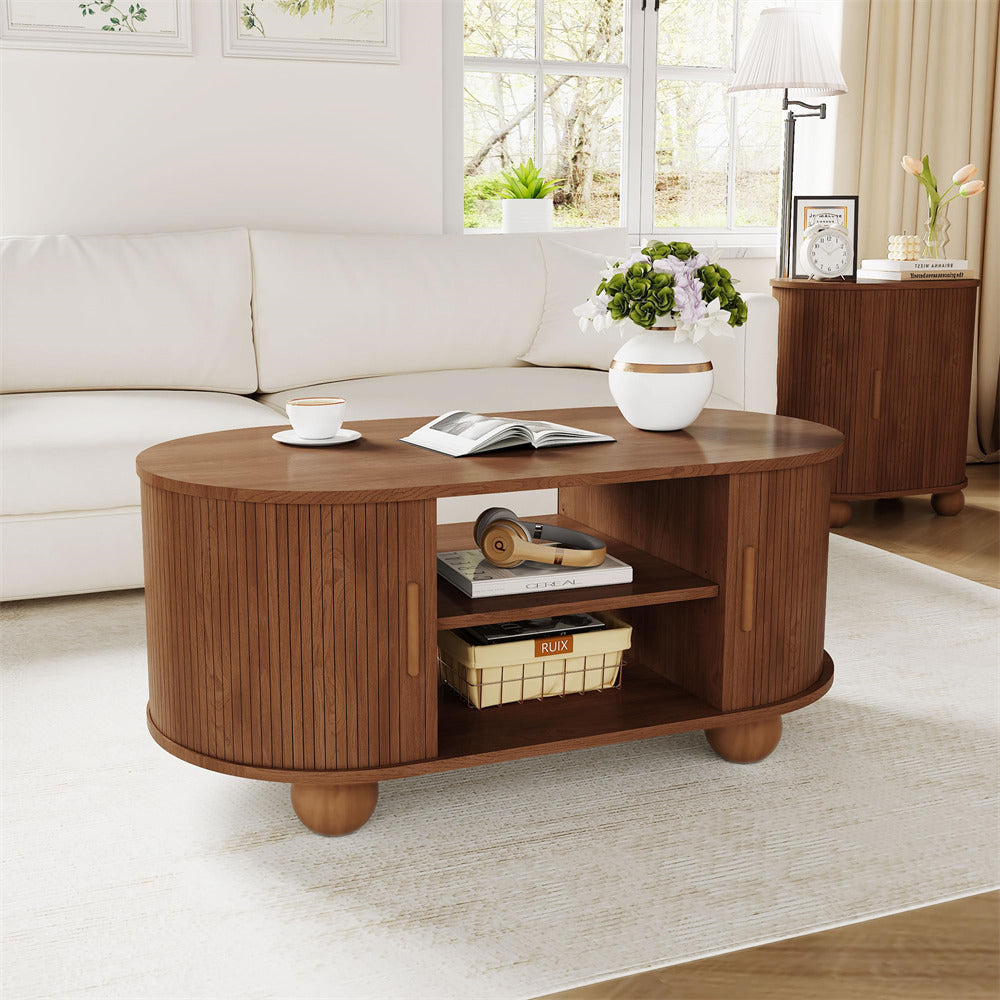 Walnut Mid-Century Modern Oval Fluted Coffee Table with Storage & Sliding Doors