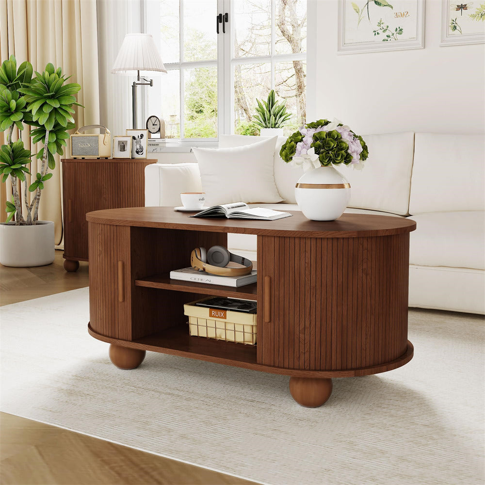 Walnut Mid-Century Modern Oval Fluted Coffee Table with Storage & Sliding Doors