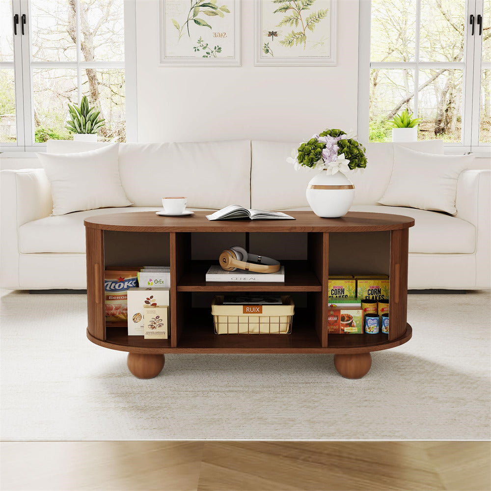 Walnut Mid-Century Modern Oval Fluted Coffee Table with Storage & Sliding Doors