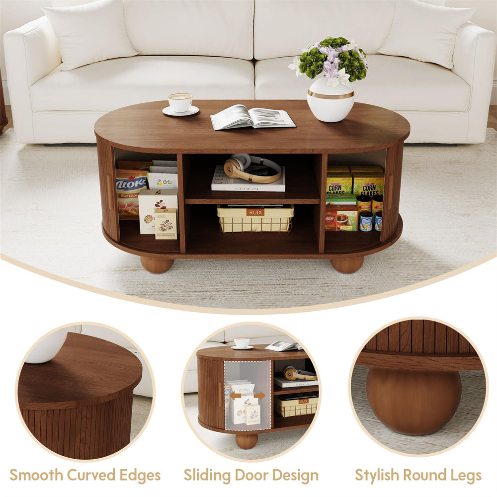 Walnut Mid-Century Modern Oval Fluted Coffee Table with Storage & Sliding Doors