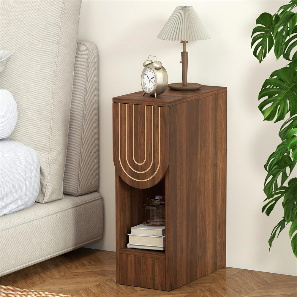 Walnut Mid-Century Modern Wooden Narrow Nightstand Bedside Table with Carved Drawer and Storage Shelf