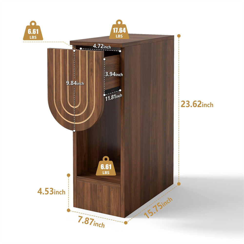 Walnut Mid-Century Modern Wooden Narrow Nightstand Bedside Table with Carved Drawer and Storage Shelf
