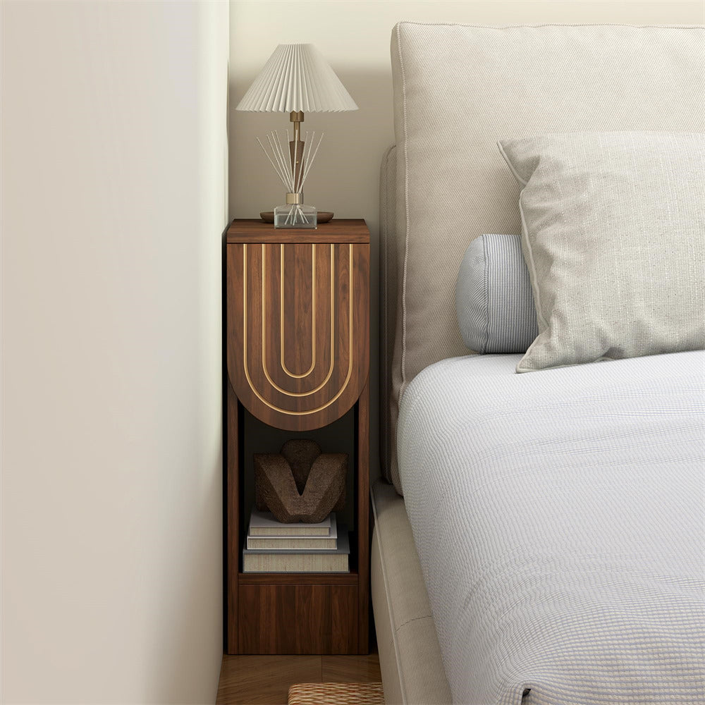Walnut Mid-Century Modern Wooden Narrow Nightstand Bedside Table with Carved Drawer and Storage Shelf