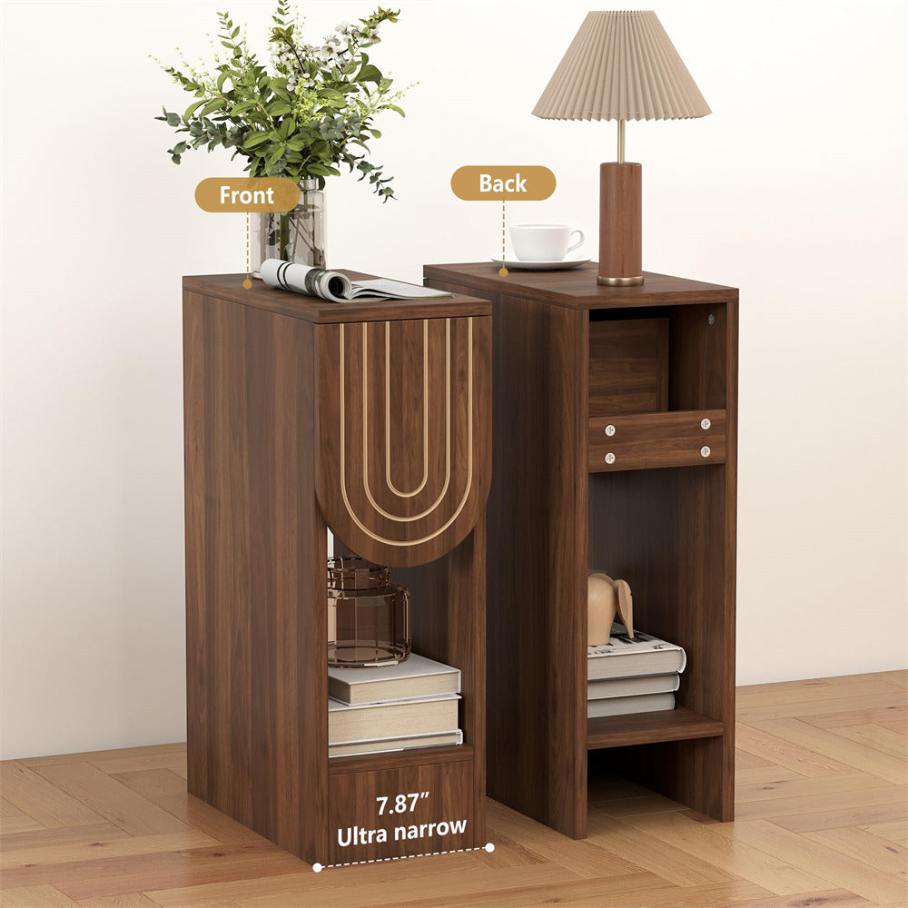Walnut Mid-Century Modern Wooden Narrow Nightstand Set of 2