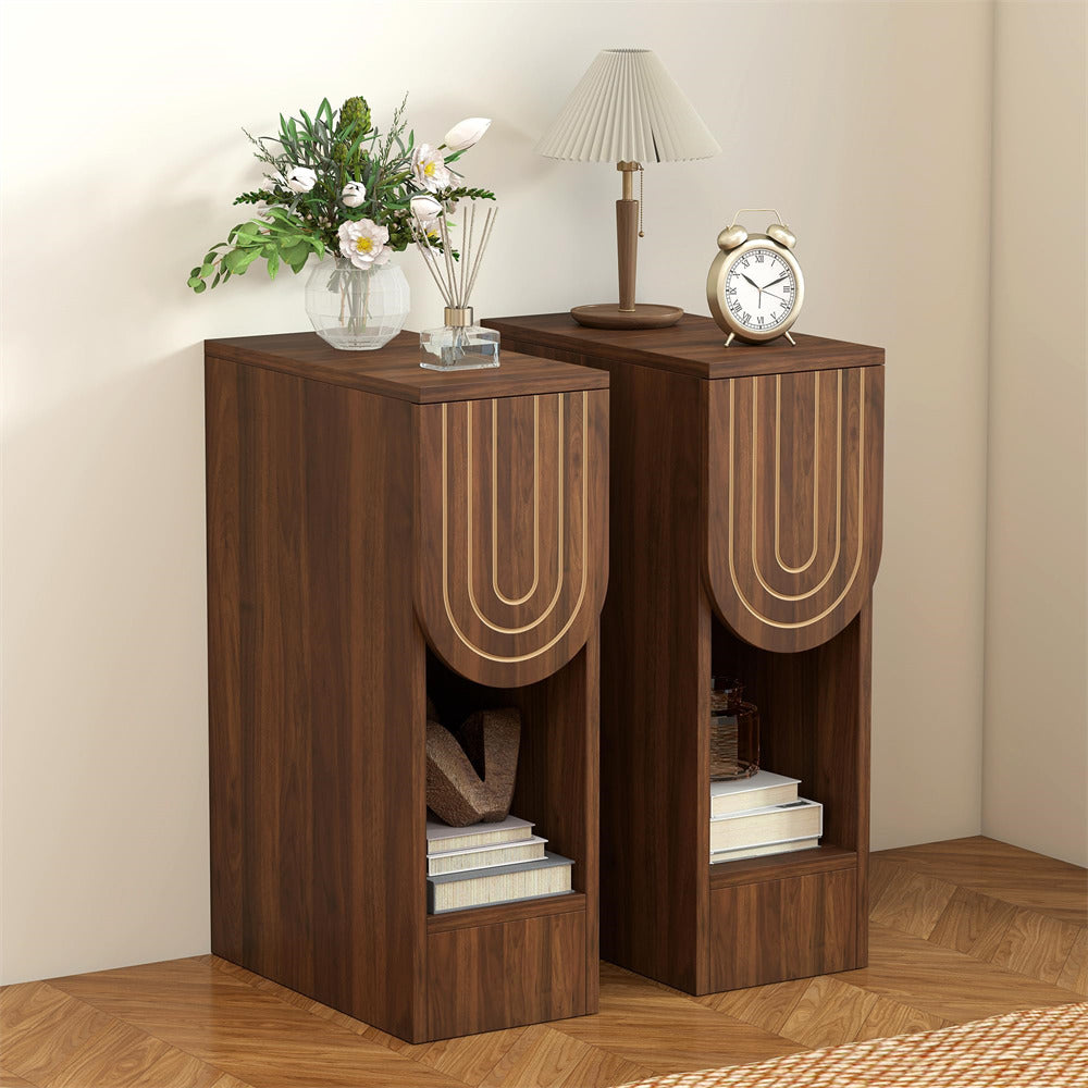 Walnut Mid-Century Modern Wooden Narrow Nightstand Set of 2