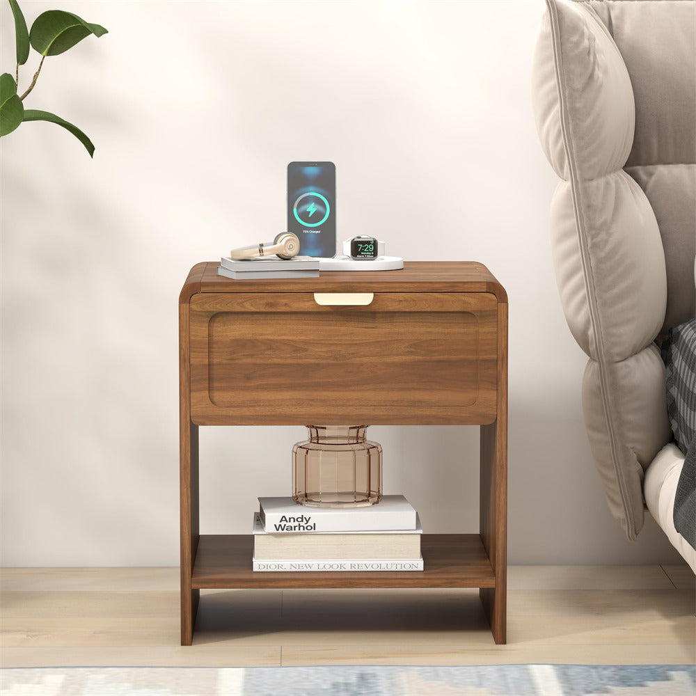 Walnut Mid-Century Modern Wooden Nightstand with Charging Station and Curved Top Corners
